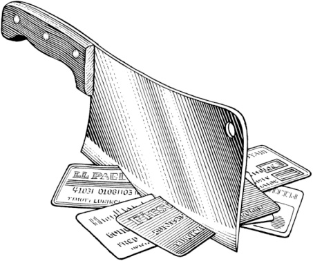an illustration of a meat cleaver chopping credit cards