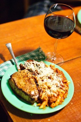 Photo of wine and dinner.
