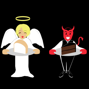 Cartoon of an angel and devil standing side-by-side. The angel is offering angel's food cake on a plate, while the devil is offering devil's food cake.
