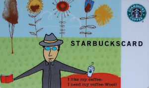starbucks_card A Starbucks custom gift card, decorated with a sketch of the purchaser, a man wearing sunglasses and a hat.