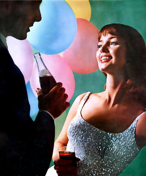 A 1960s photo depicting a young woman and a somewhat older man drinking soda and conversing at a party. Balloons are visible in the background.
