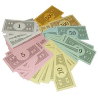 A fanned-out stack of Monopoly money.
