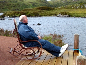Assynt Leisure - There is an attractive little all-abilities walk from the A837 on the edge of Loch Assynt. At the far end, amidst the bleak landscape, is a little jetty, a composting toilet and this incongruous rocking chair.