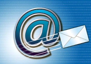 email Artist's depiction of email as an envelope flying in front of a background that includes an @ symbol and a field of digital ones and zeroes.