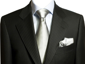 A dark pinstriped men's suit with silver tie.