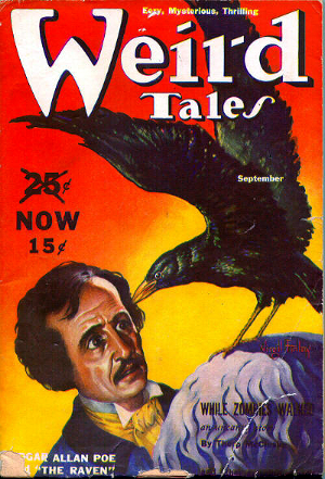 A vintage cover of “Strange Tales” magazine depicting Edgar Allan Poe and a raven.