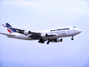 An Air France Boeing 747 in the sky.