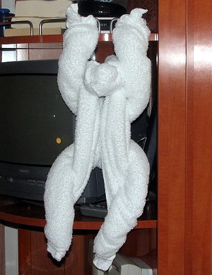 Towels arranged to resemble a monkey.