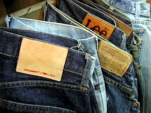 Real designer jeans, and counterfeit jeans.