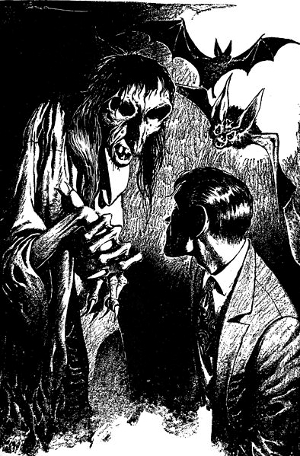 Black-and-white drawing of a man's nighttime encounter with a creepy ghoul and vampire bats.