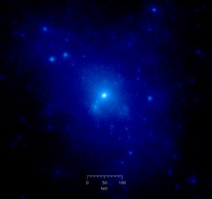 Great Dome, Massachusetts Institute of Technology, Cambridge Massachusetts. Projected density plot of a redshift dark matter halo from a cosmological N-body simulation. The visible part of the galaxy (not shown in the image) lies at the dense centre of the halo and has a diameter of roughly 20 kiloparsecs. There are also many satellite galaxies, each with its own subhalo which is visible as a region of high dark matter density in the image.