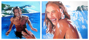 Painting of a man and woman enjoying time at the beach.