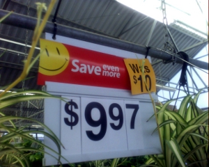A Wal-Mart price drop sign, down to $9.97 from $10. In other words, not a tremendous savings.
