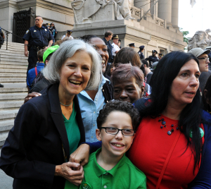 jill_stein_cheri_honkala Occupy Wall Street marked its first anniversary with a day of roaming actions throughout the Financial District in New York City. Thousands of police massed to contain them, but only contributed to the chaos as they - not the demonstrators - sealed off Wall Street, harassed office workers and arbitrarily blocked side streets and intersections. Yours truly was knocked over by one officer of the law. There were about 200 arrests. Green Party presidential candidate Jill Stein was there.