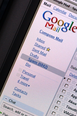 A Gmail inbox full of spam – the number of unread mails tallies in the thousands.