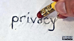 Close-up of the pencil-scribed word “privacy” being erased.