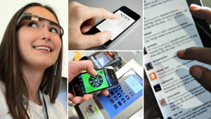 Photo montage of people using a variety of digital devices that can contribute to sensory stimulation.