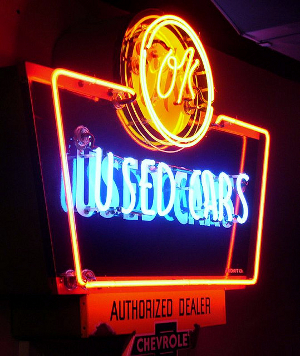 An OK Used Cars neon sign at the Route 66 Museum in Clinton, Oklahoma.